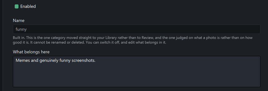 The built-in funny category, with its name fixed and a box saying memes and genuinely funny screenshots belong in it
