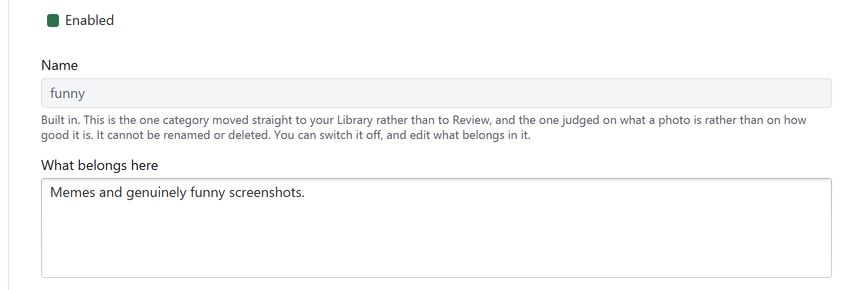 The built-in funny category, with its name fixed and a box saying memes and genuinely funny screenshots belong in it