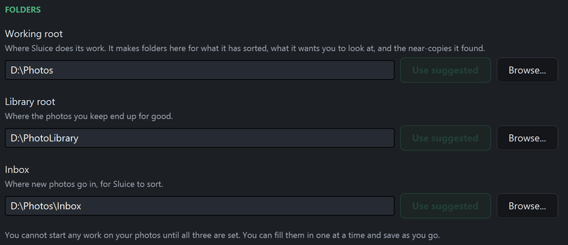 The three folder fields in Settings, each with a way to accept the suggestion or browse for another