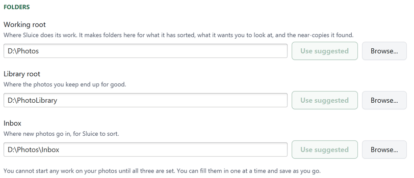 The three folder fields in Settings, each with a way to accept the suggestion or browse for another