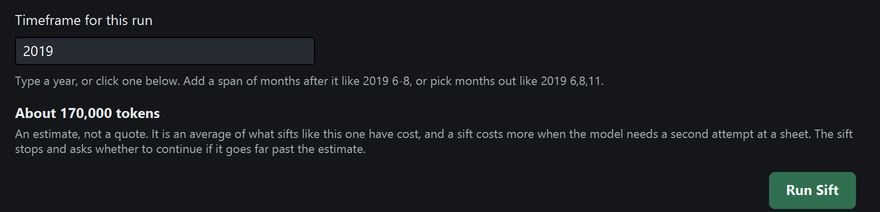 The timeframe field reading 2019, above an estimate of about 170,000 tokens