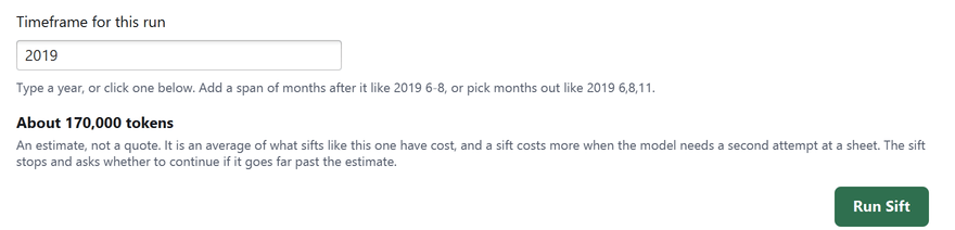 The timeframe field reading 2019, above an estimate of about 170,000 tokens