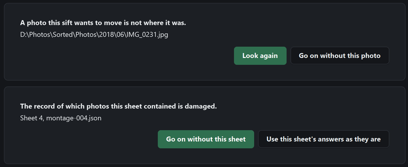 Two problems listed on their own cards, each naming the file or sheet and offering two ways out