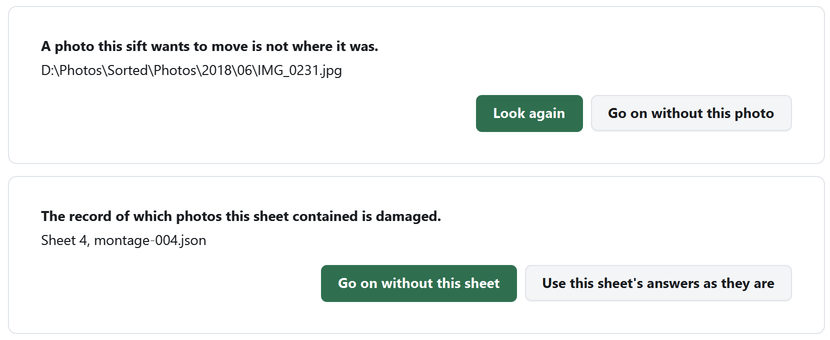 Two problems listed on their own cards, each naming the file or sheet and offering two ways out